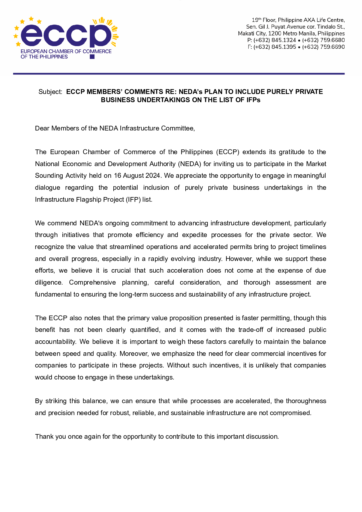 ECCP Membersâ Comments Re: Nedaâs Plan to Include Purely Private Business Undertakings on the List of IFPs