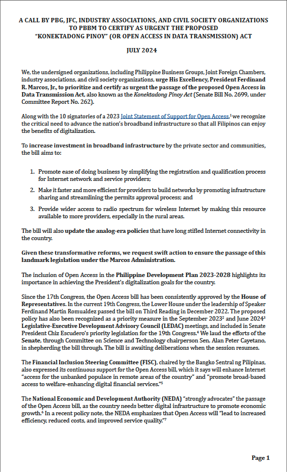 Joint Statement by PBG, JFC, Industry Associations, and Civil Society Organizations to Certify as Urgent the Proposed âKonektadong Pinoyâ (Or Open Access in Data Transmission) Act