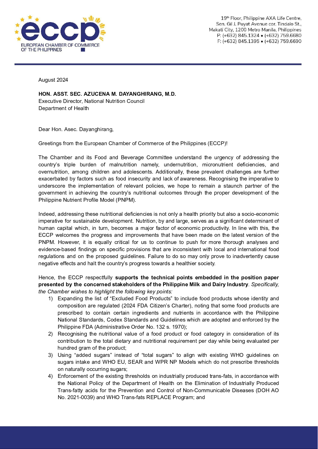 ECCP Supplemental Position Paper on the Technical Findings on the âNear Finalâ Philippine Nutrient Profiling Model (PNPM)